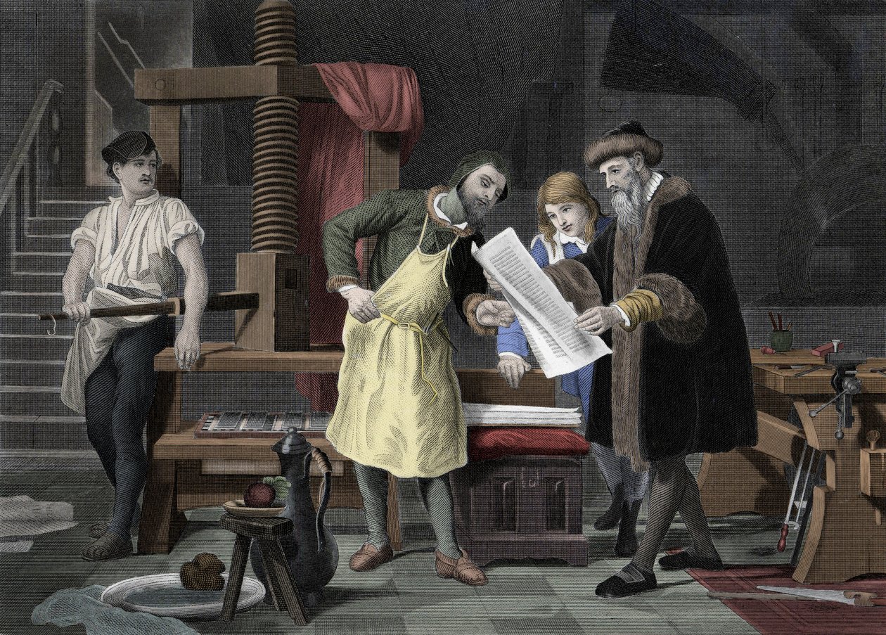 Bogtrykkerhistorie: første test af Bibelen trykt af Johannes Gensfleisch Gutenbergs (1400-1468) pressen repræsenteret med Johann Fust (1400-1466) - 1453 Det første korrekturark fra Gutenbergs presse af Unknown artist