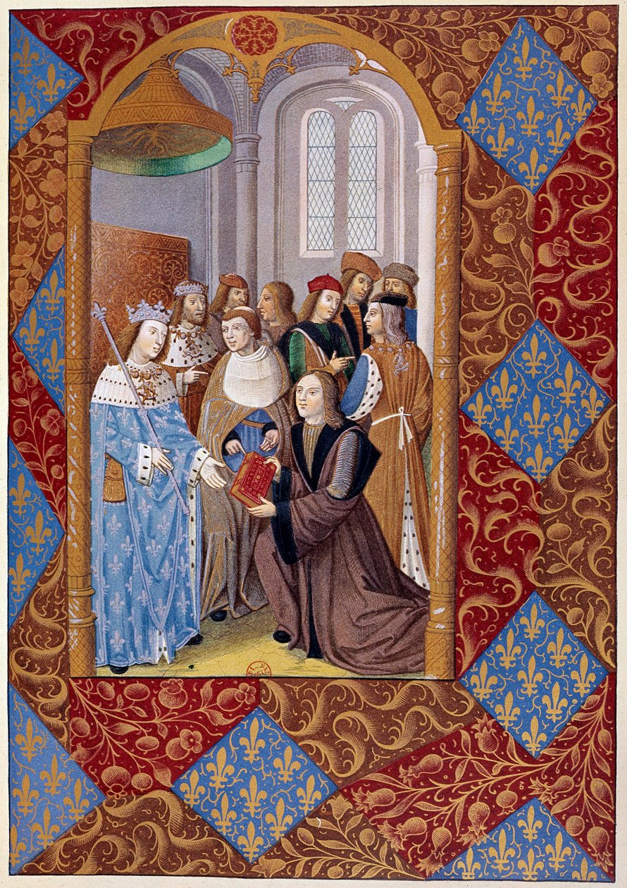 Trykningens historie: udgiver Antoine Verard (? -1513) præsenterer sin bog til kong Charles VIII. Fra et manuskript fra 1494 af Unknown artist