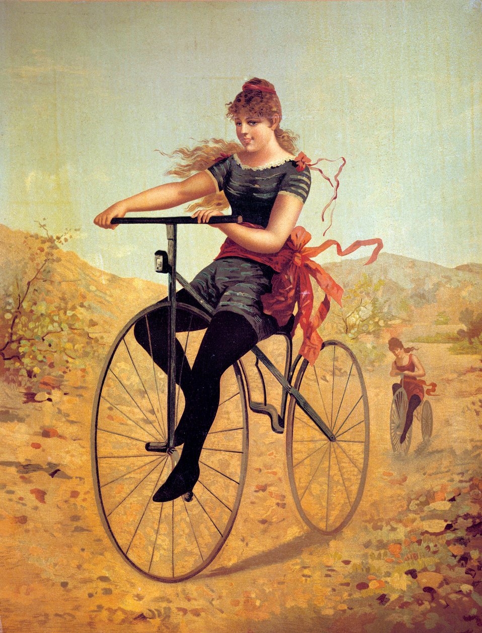 Cyklens historie: Velocipedist eller en kvindepedal på en cykel. Tryk af det 19. århundrede af Unknown artist