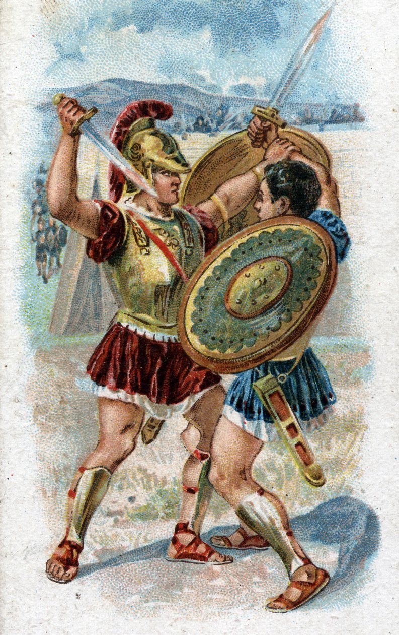 Historien om livet af Achilles, legendariske helte fra den trojanske krig: Achilles kæmper mod Hector for at hævne Patrocles død. Kromolitografi fra 1890. af Unknown artist