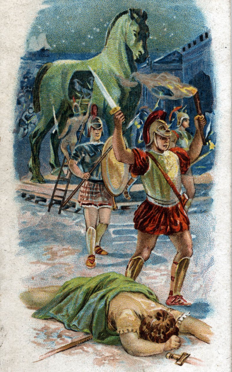 Historien om livet af Achilles, legendariske helte fra den trojanske krig: Capture of Troy. Achilleus foran byen takket være hesten. Kromolitografi fra 1890. af Unknown artist