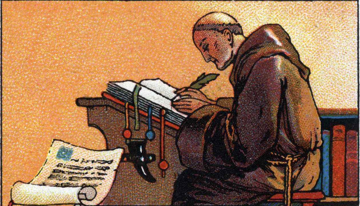 Skriftens historie: en kopistmunk, der kopierer manuskripter i middelalderen, begyndelsen af det 20. århundrede (chromo) af Unknown Artist