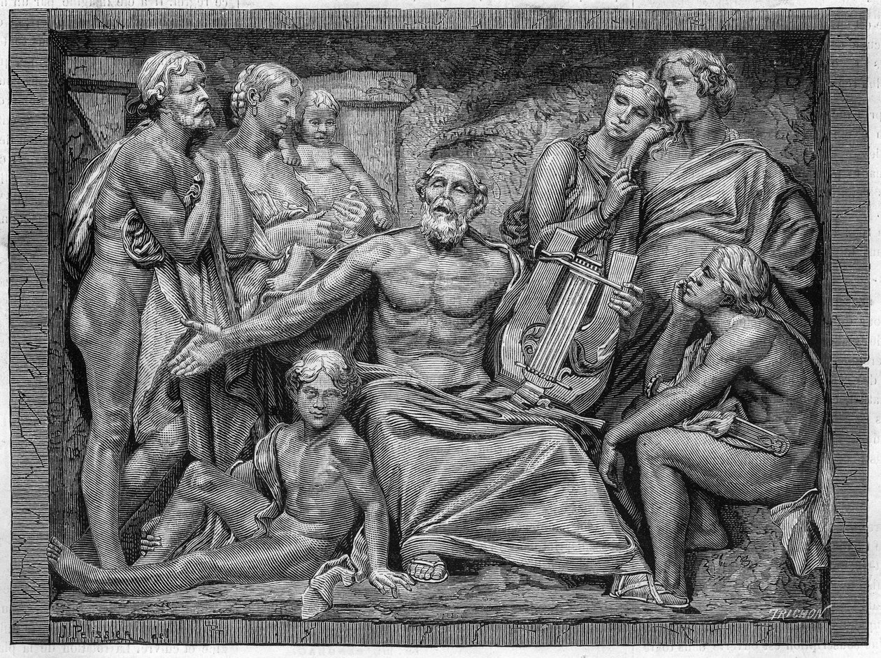 Homere synger med sin lyre i en by i Ionien. Gravering efter det lave relief af Mr. Hugues, den store skulpturpris i 1875 skolekonkurrencen. af Unknown artist