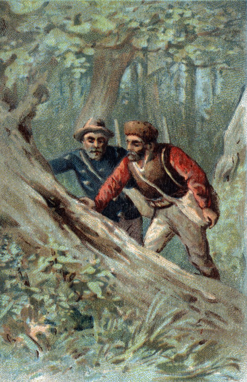 Honningjægere i Canada på udkig efter et sværmtræ. Kromolitografi i slutningen af det 19. århundrede. af Unknown artist