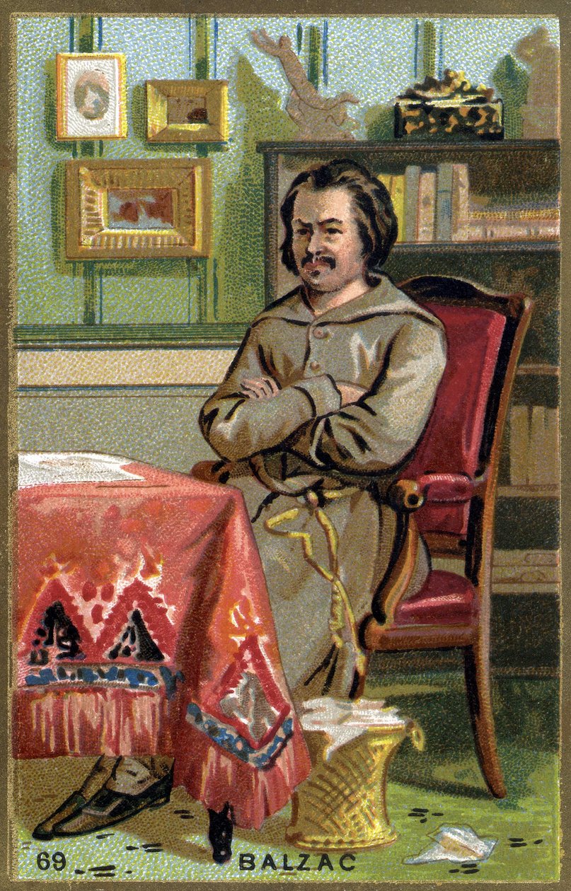 Honoré de Balzac (1799 - 1850) på sit kontor. 1800-tallets kromolitografi. af Unknown artist