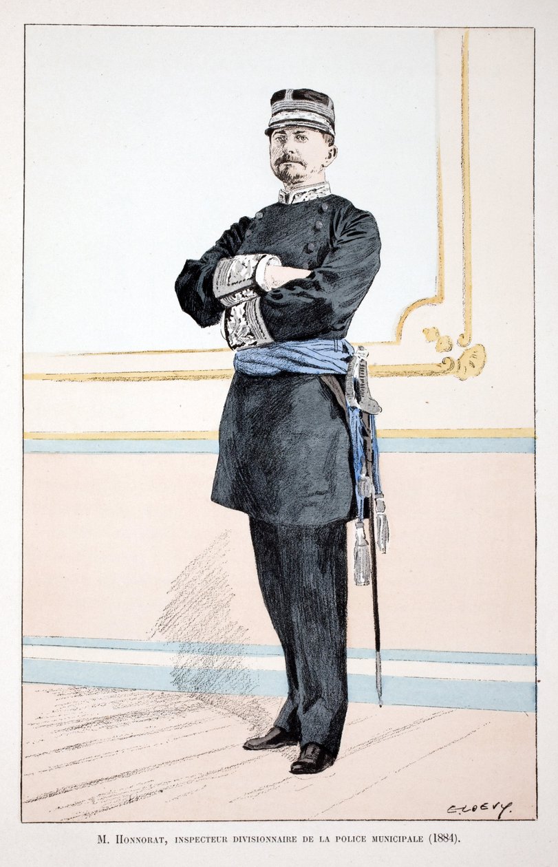 Honorat, Afdelingsinspektør for Kommunepolitiet (1884). Radering i farver, til illustration "" History of the Corps of Peacekeepers""" bog udgivet i regi af Louis Lepine (1846-1933), præfekt for politiet på Seinen, af Alfred Rey af Unknown artist