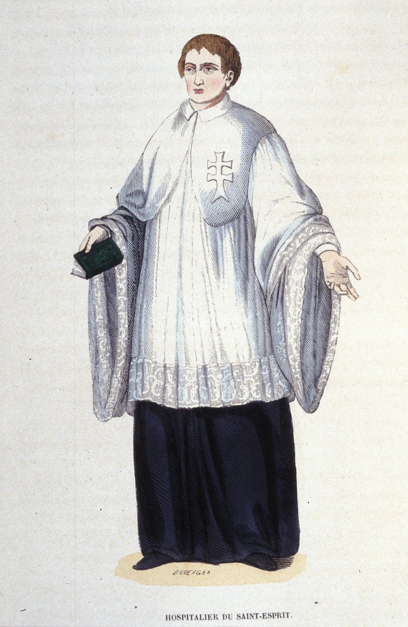Hospitaller af den Militære og Religiøse Helligåndsorden (Helligåndens Orden) grundlagt af Henrik III i 1578. Gravering af det 19. århundrede. Private Coll., Milano. af Unknown artist
