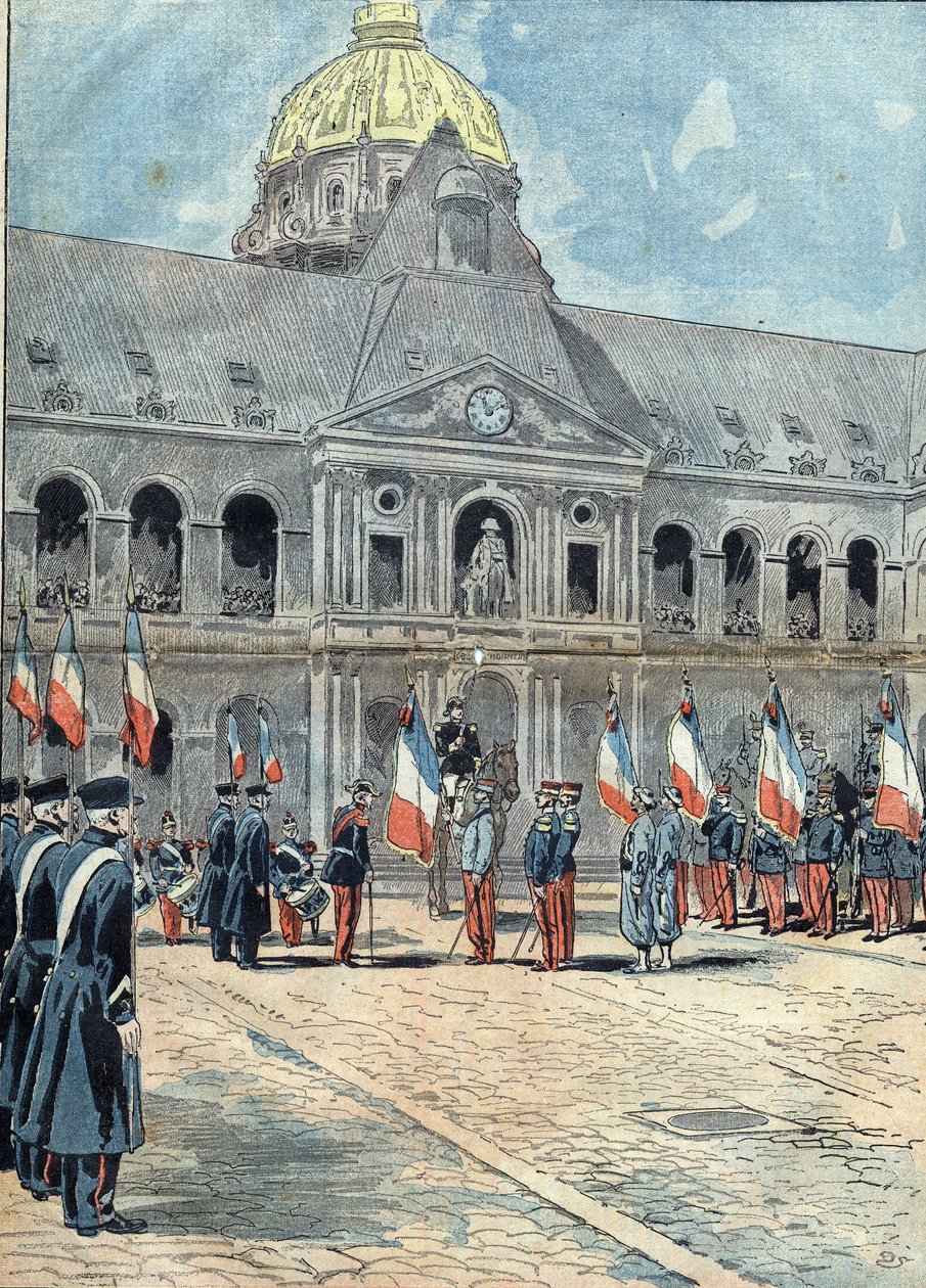 Hotel des Invalides - Paris - 26. juni 1898: en delegation overgivet til general Arnoux, guvernør for Invalides, flaget for Regiment of Algerie aui svævede den 30. september 1895 på dronningen af Tananarives palads. Illustration i "" Le Pelerin" af Unknown artist