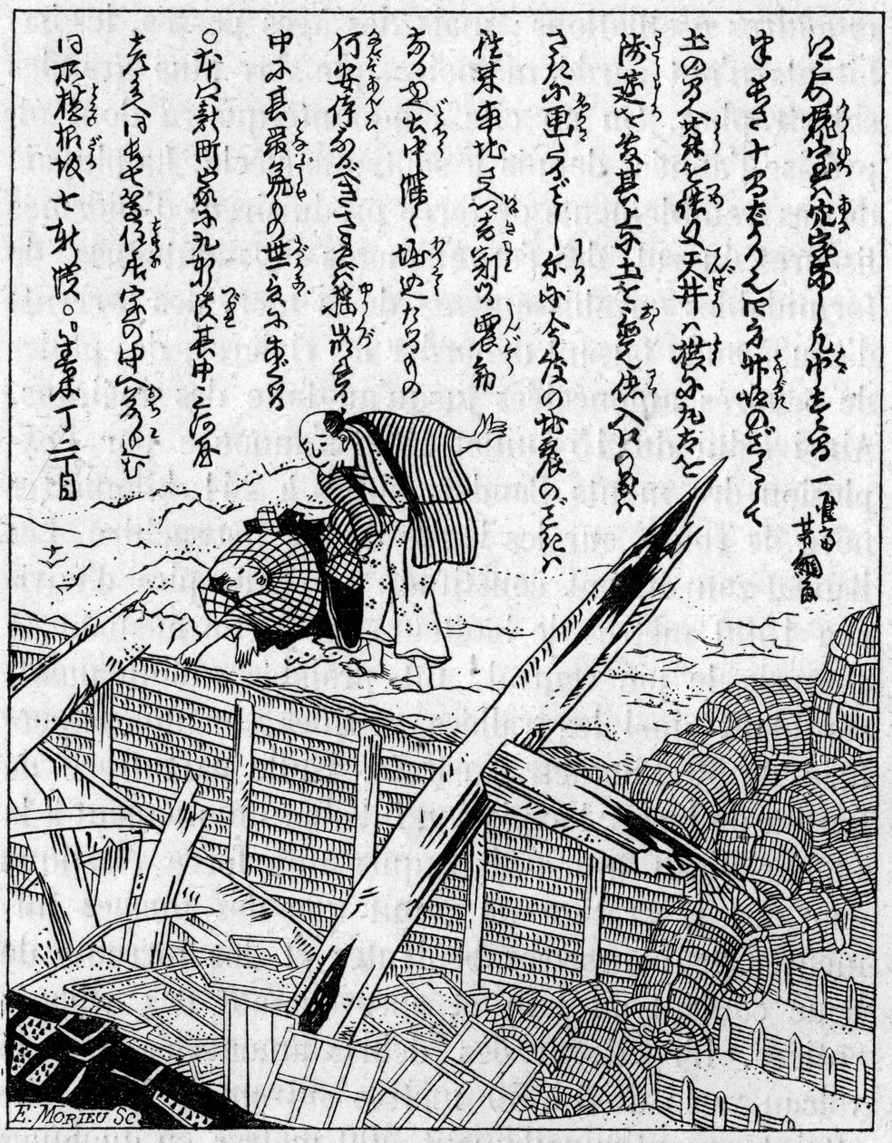 Hus ødelagt af et jordskælv. Fac simile (Fac-simile) af en gravering fra et japansk værk om jordskælv. Indgravering i "" La Nature: revue des sciences et de leurs applications aux arts et a l