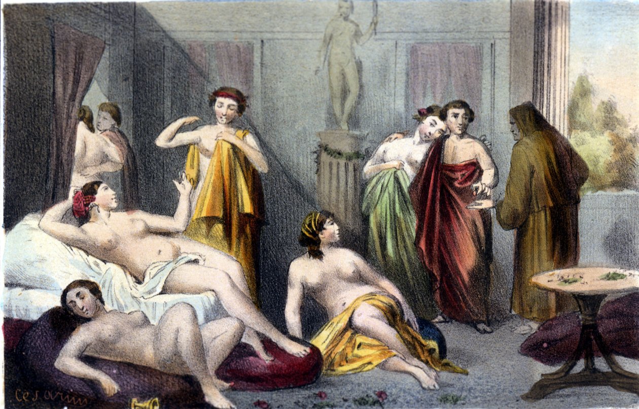 Hus i det antikke Grækenland. 1800-tallet sd gravering. af Unknown artist