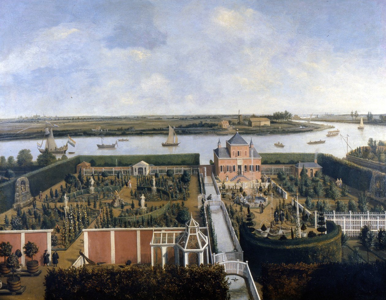 Hus ved bredden af en flod. 17. århundrede illustration. Amsterdams historiske museum af Unknown artist