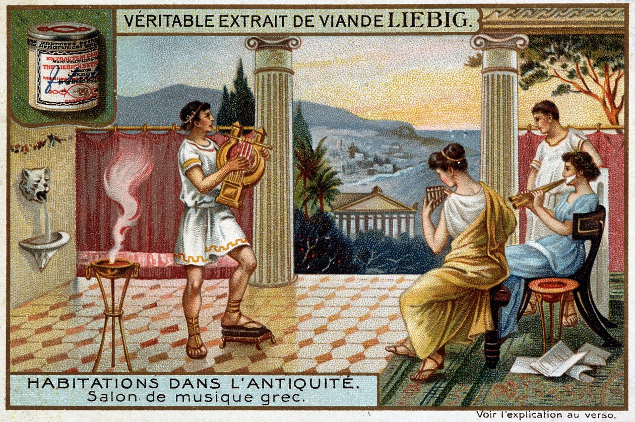 Huse i antikken: Græsk Musikrum - Liebig Chromolithography af Unknown artist