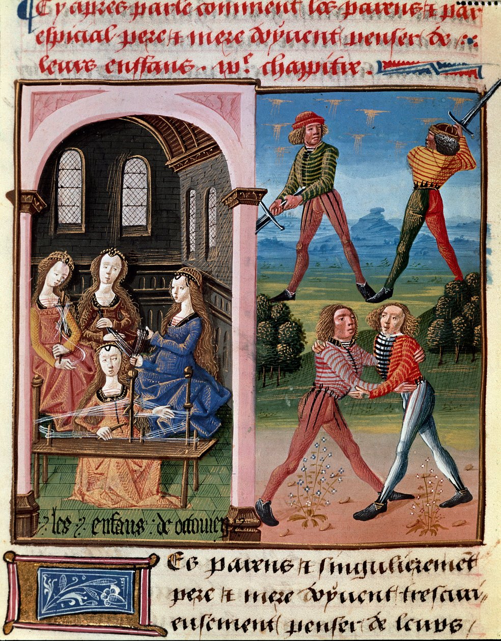 Hvordan forældre bør tænke om deres børn; Octavians børn lærer ridderlighed og uldarbejdet"" Miniature taget fra ""Le livre de bonnes moreurs de Jacques Legrand""" af Unknown artist