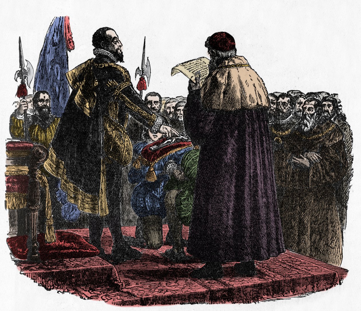 Hugh Capet aflægger suverænens ed - Hugues Capet (ca. 941-996) konge af frankerne, udtalte suverænens ed i 987 -1882 af Unknown artist