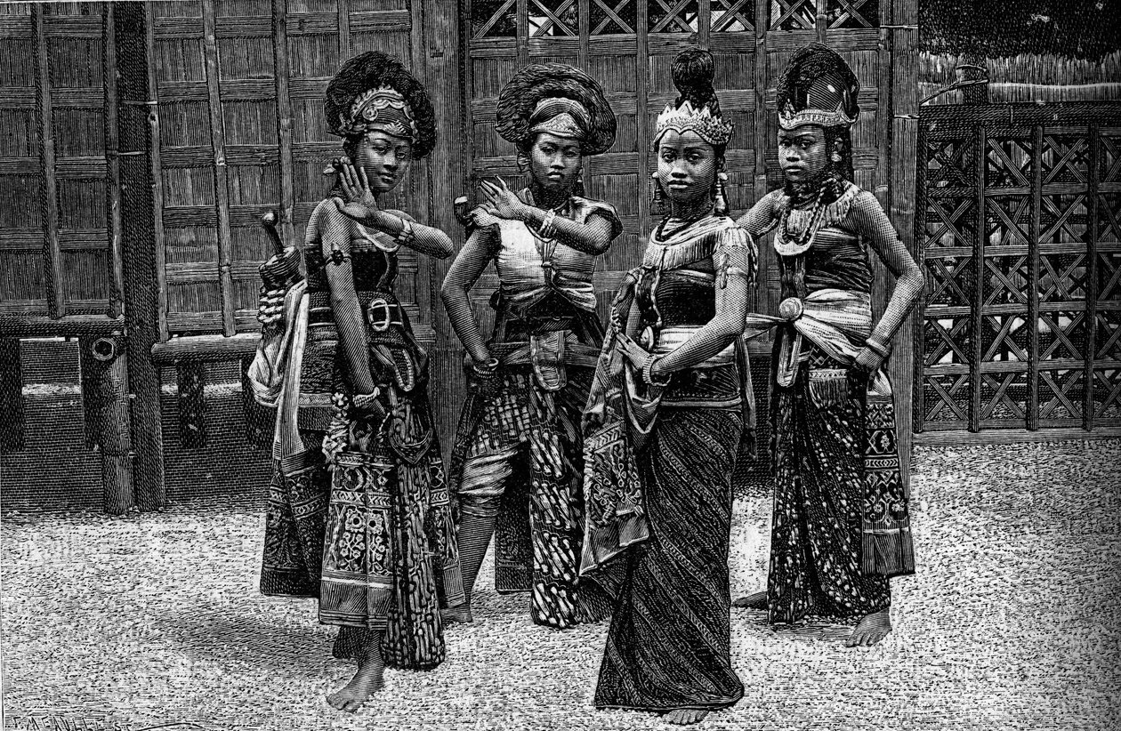 Human Zoo: Javanesiske dansere i kampong, på verdensudstillingen i 1889. (Fra et fotografi af Mr. Levy). Gravering i "" Le Journal de la jeunesse"" af Unknown artist