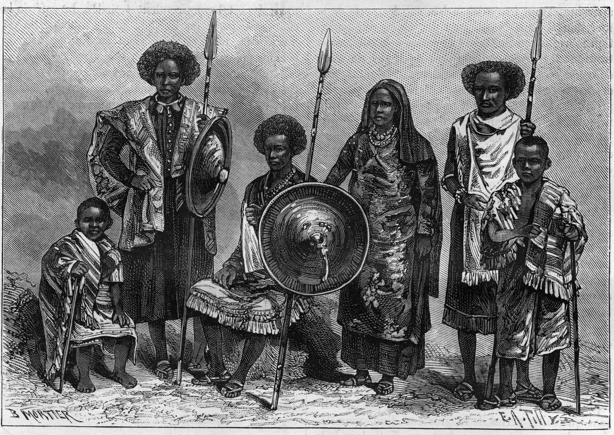 Human Zoo: gruppe af Assabais, en stamme fra Etiopien, dengang italiensk koloni. Udstillet i Torino som en del af 1884 National Exhibition. Indgravering i "" Naturen. Gennemgang af videnskab og dens anvendelser til kunst og industri. 1884 af Unknown artist