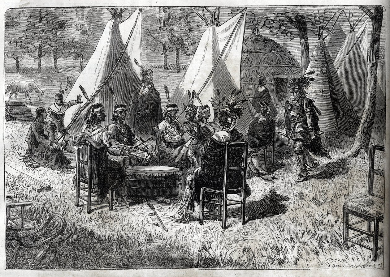 Menneskelige zoologiske haver - Menneskelige zoologiske haver - Etnologiske udstillinger - Mohas-indianere i akklimatationshaven (The Illustrious Diary of 1883) - Femten Nebraska-indianere af Unknown artist
