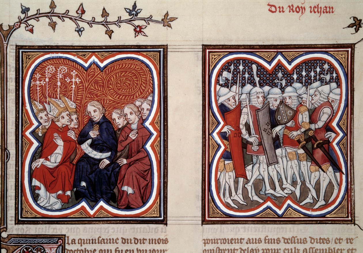 Hundredårskrigen: "Til venstre beordrede den fremtidige delfin Charles V den vise (1338-1380) (regent på dette tidspunkt) og generalstaternes rådmænd befrielsen af hans far Johannes II efter slaget ved Poitiers i 1356, han var omgivet af Etien af Unknown artist