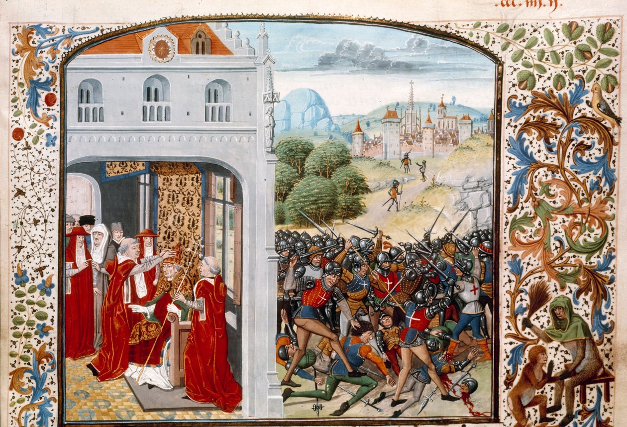 Hundredårskrig: “” Pave Gregoire XI (1329-1378) kronede Avignon i 1370. Slaget ved Pontvallain mellem fransk og engelsk den 4/12/1370”” Miniature fra “Chronicles”” af Jean Froissart (1337-1400) Paris fra det 15. århundrede. B.N. af Unknown artist
