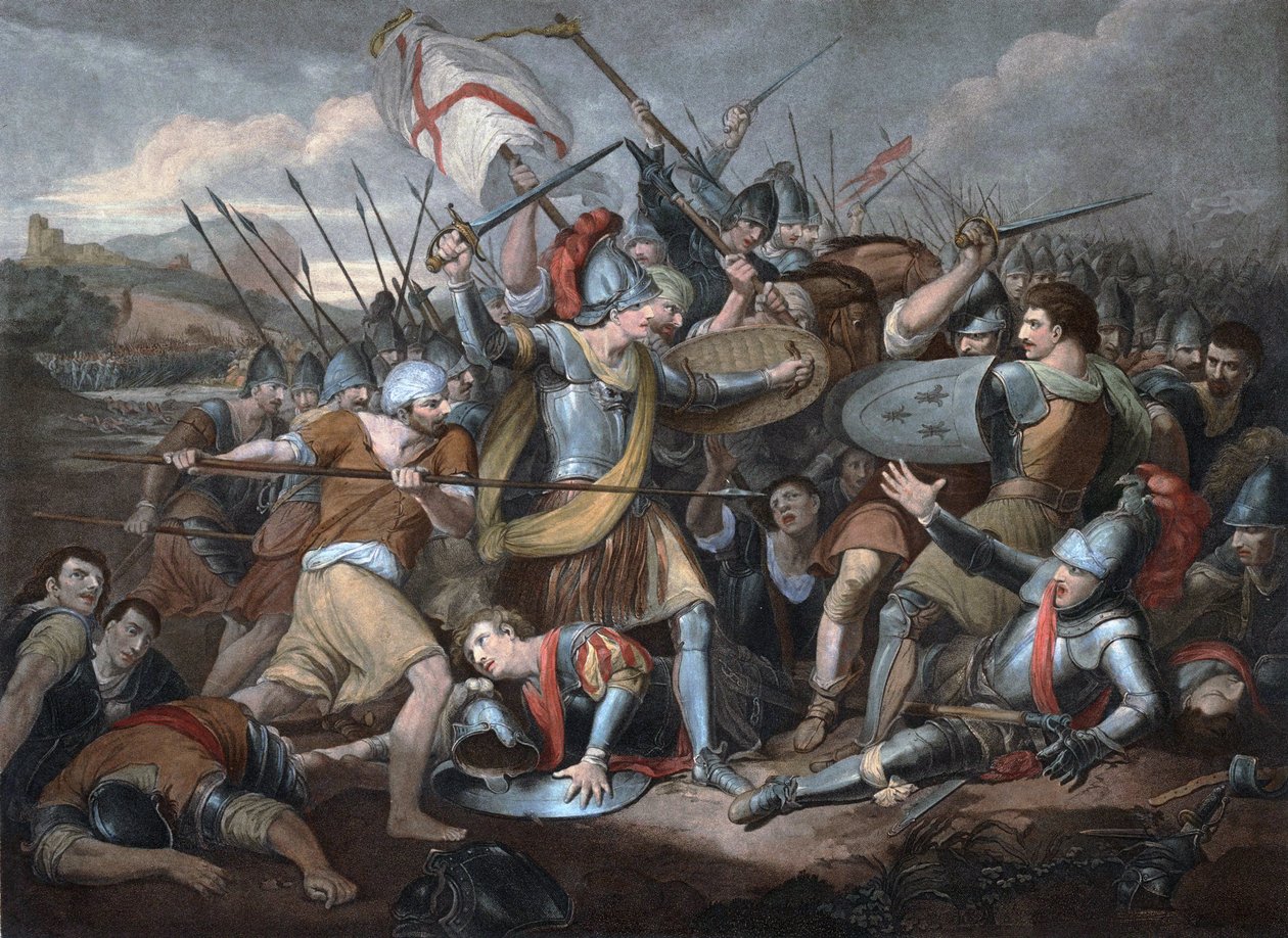Hundredårskrig: "" Slaget ved Agincourt den 25/10/1415"" - Gravering af Unknown artist