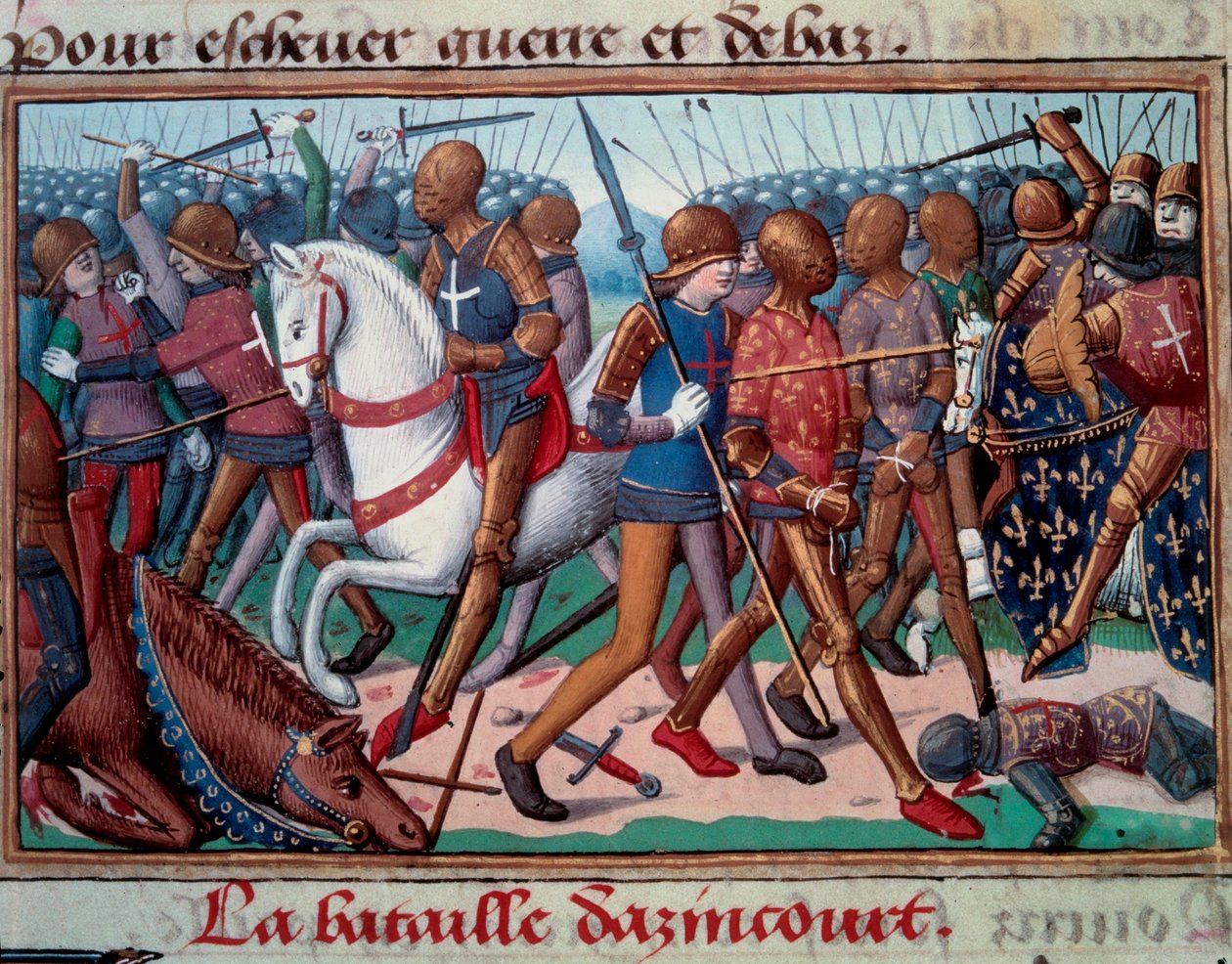 Hundredårskrig: "" Slaget ved Agincourt den 25/10/1415"" Miniature fra manuskriptet til "" Vigiles of King Charles VII"" af Martial d