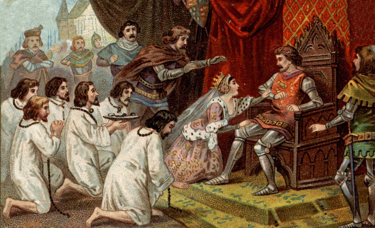 Hundrede års krig. Borgerskabet i Calais: Devouering af Eustache af St. Peter og hans ledsagere til kong Edward III af England bønfalder om deres nåde, støttet af dronning Philippa af Hainaut (1311-1369). Kromolitografi i slutningen af det 19. århundrede. af Unknown artist