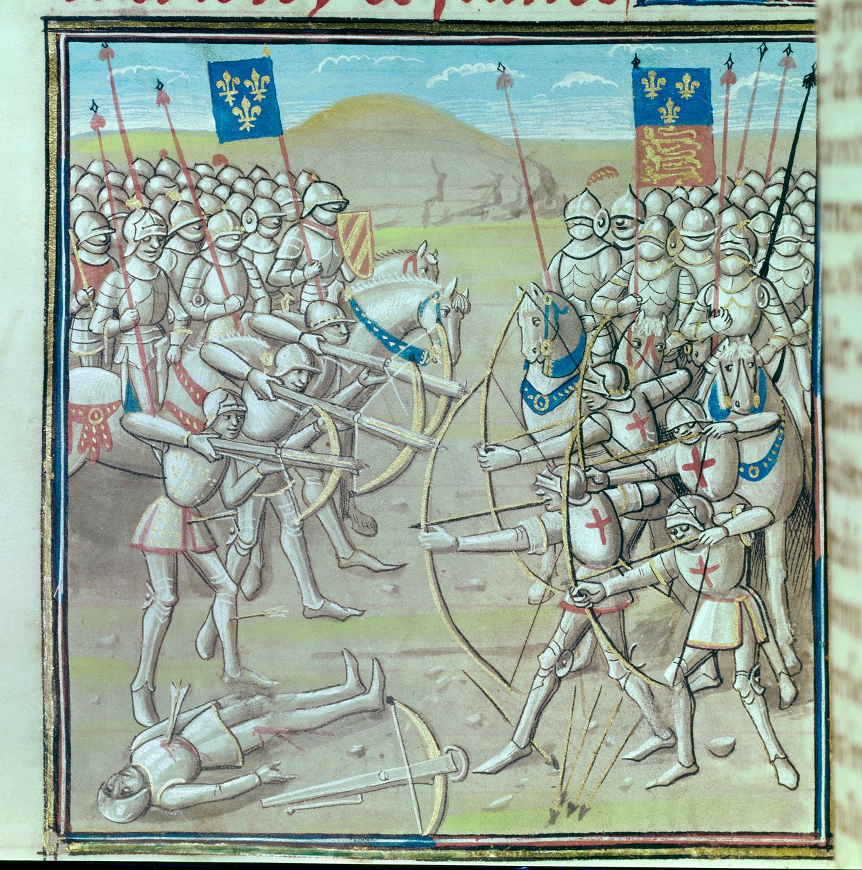Hundredårskrig: Slaget ved Crecy den 26/08/1346 mellem franskmændene og englænderne. Miniature fra et manuskript fra det 14. århundrede Paris, Bibliotheque de l