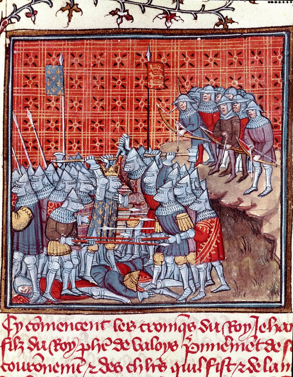 Hundredårskrig: "" Kongen af Frankrig John II den Gode (1319-1364) under et slag""" Miniature taget fra "" Les grandes Chronicles de France""" af Jean Froissart (1337-1400) Chantilly fra det 14. århundrede , Musee Conde af Unknown artist