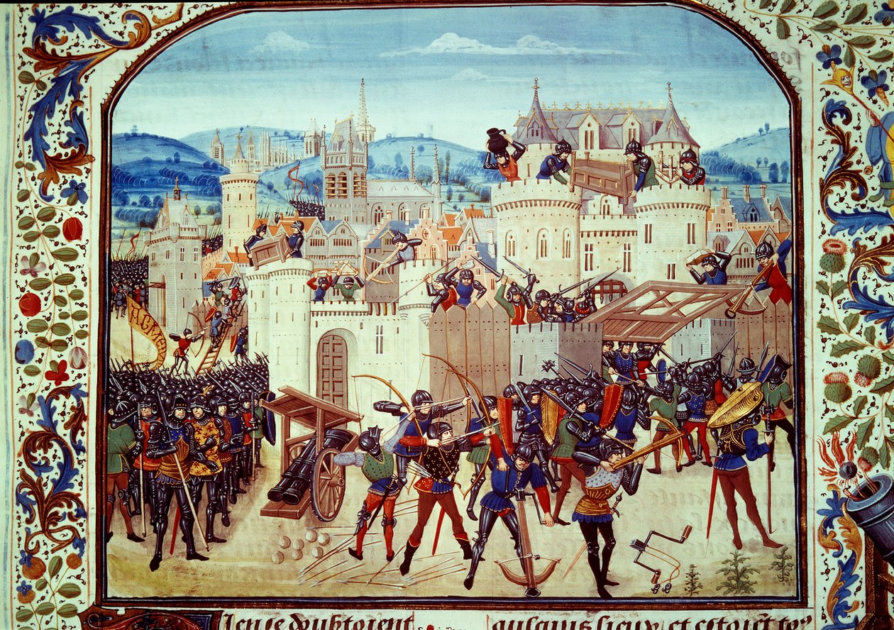 Hundredårskrig: tasken til byen Aubenton i Picardie af grev Jean de Hainaut i 1340. Miniature fra "Krønikker" af Jean Froissart (1337-1400) Paris. B.N. af Unknown artist