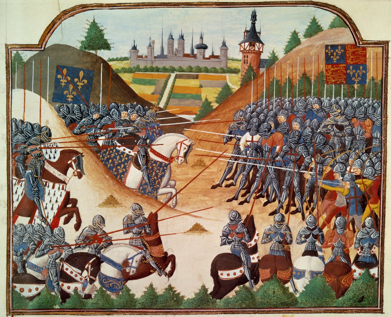Hundredårskrig: slaget ved Formigny (Calvados) den 15/04/1450 mellem den engelske hær af Thomas Kyriell og Jean de Clermont. Miniature belyst fra manuskriptet "" Vigiles du roi Charles VII"" i Jean Chartiers krøniker, redigeret af Mar af Unknown artist