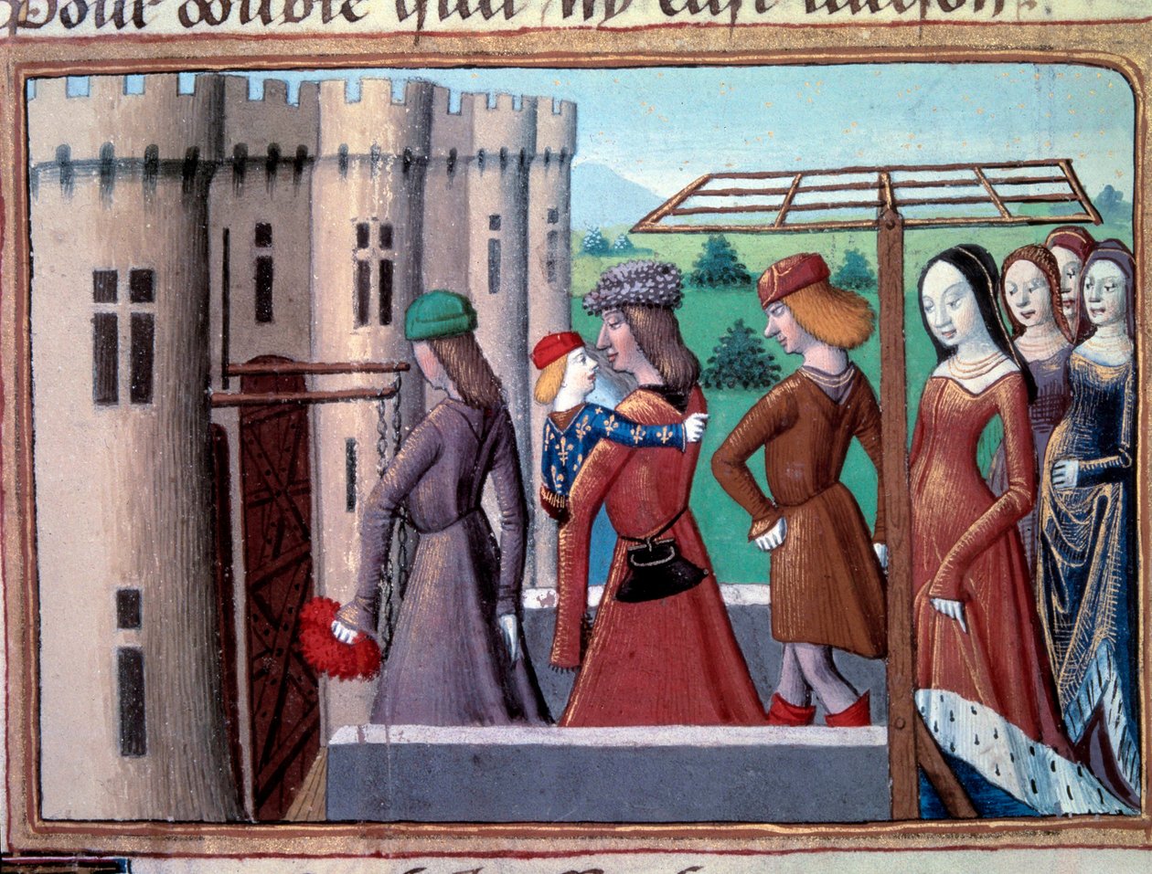 Hundredårskrigen: delfinen og den fremtidige konge Charles VII vender tilbage til Paris efter at være flygtet til Bourges på tidspunktet for borgerkrigen mellem Armagnacs og burgundere den 29/05/1418, juni 1418. Miniature fra "" Vigilles du roi Charles VII af Unknown artist