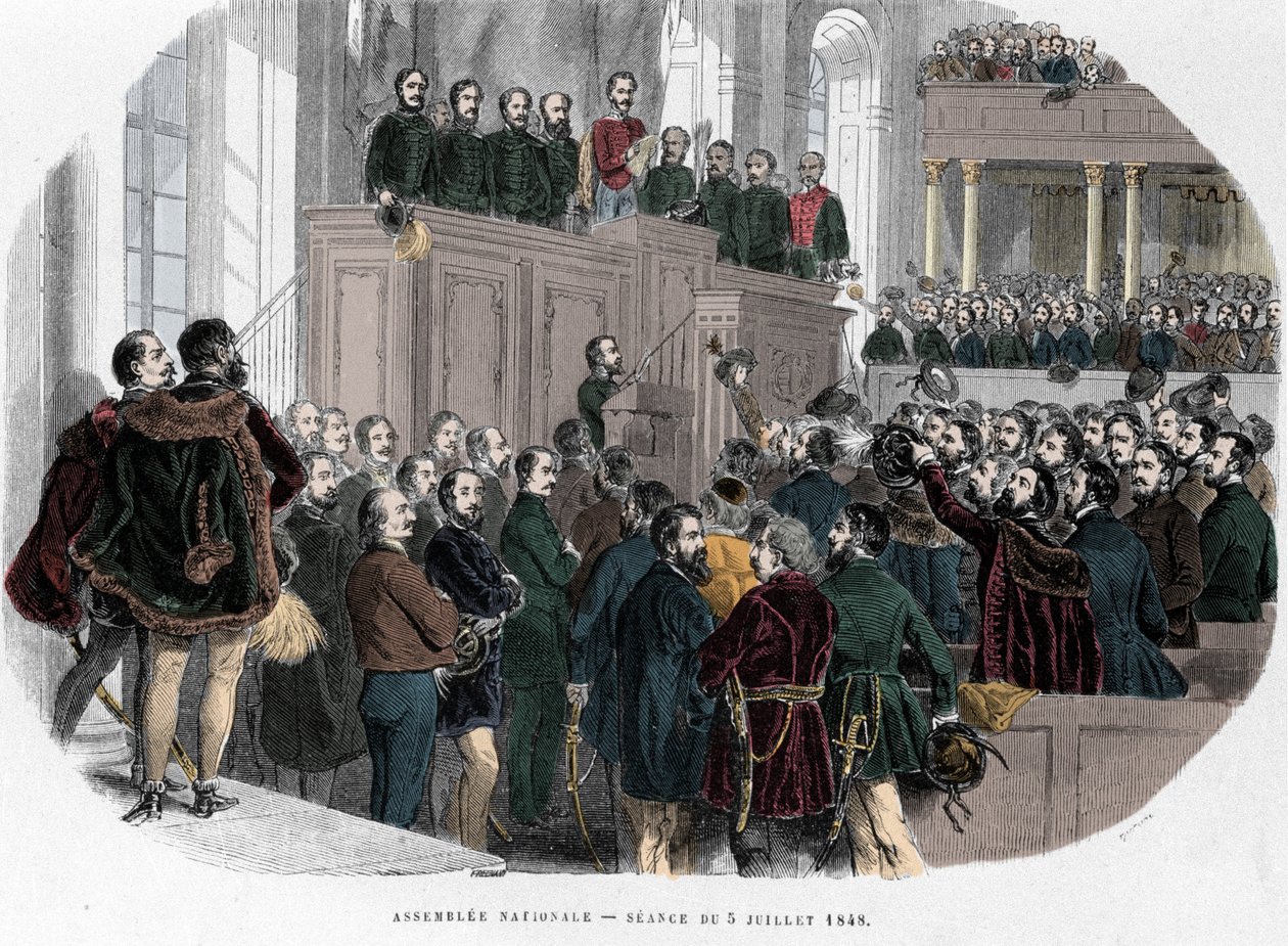 Ungarsk revolution i 1848: Første møde i nationalforsamlingen i Ungarn den 5. juli 1848. Indgravering i "Hungary Historique af J. Boldenyi Paris 1853"" af Unknown artist