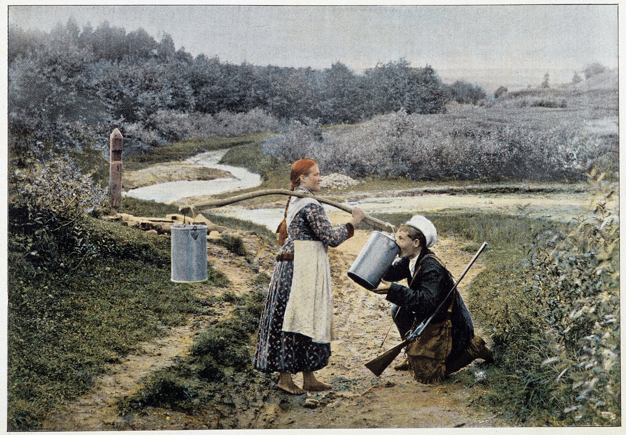 Jæger og pige ved springvandet (Rusland) - fotografering, slutningen af det 19. århundrede af Unknown artist