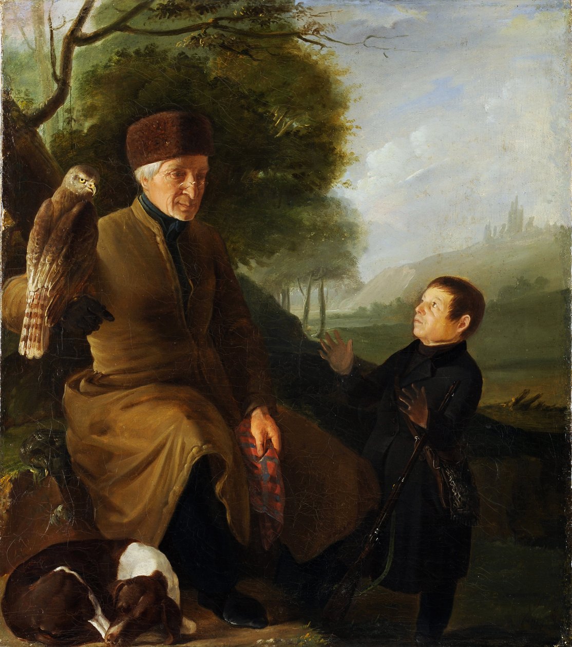 Jæger med falk. Portræt af prins Platon Alexandrovich Zubov (1767-1822) og Ivan Andreevich Yakubovsky (1770-1864), Anonym. Olie på lærred, Slutningen af 1810