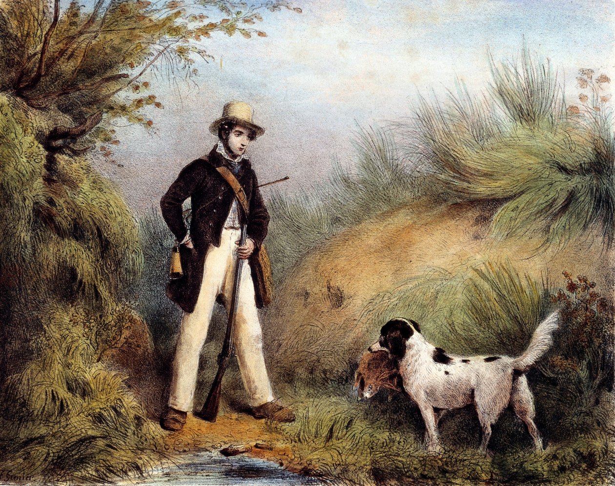 Jæger med sin hund. 1800-tals tryk. Gien, jagtmuseum af Unknown artist