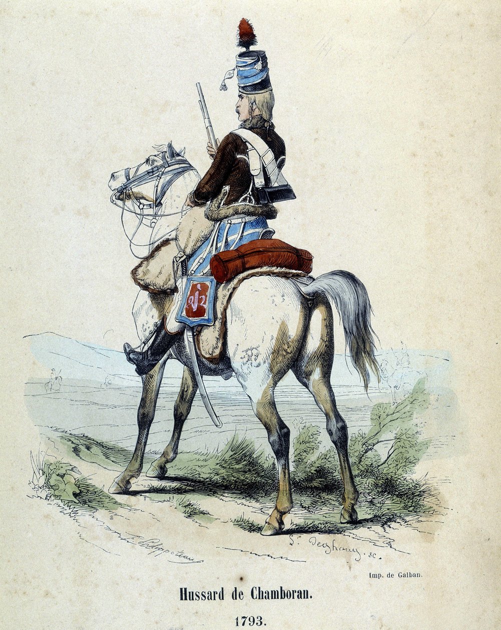 Hussard de Chamborant a 1793 til hest. af Unknown artist