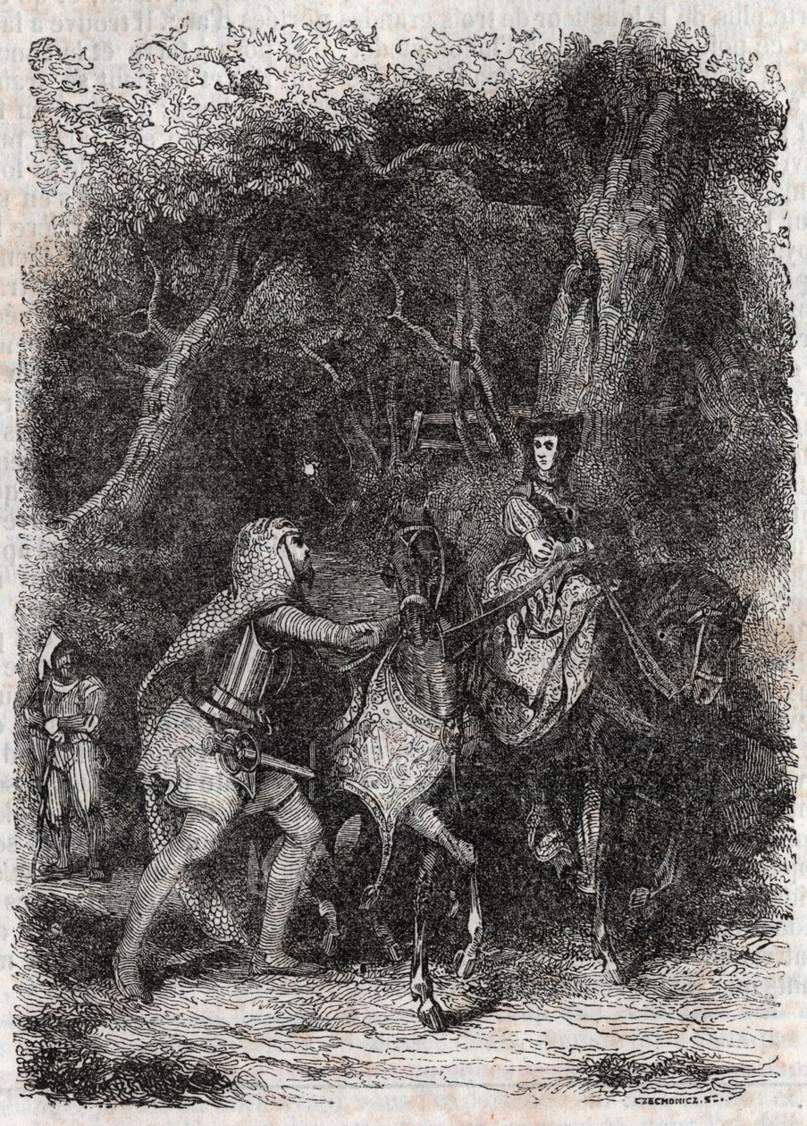 Hypalca Arreteret af Rodomont - 1851 gravering fra "" Furious Roland"" (Orlando furioso) (1500-tallet) af Ludovico Ariosto, kendt som Ariosto - Udgave oversat fra italiensk af greven af Tressan og udgivet af Gustave Harvard 1851 af Unknown artist