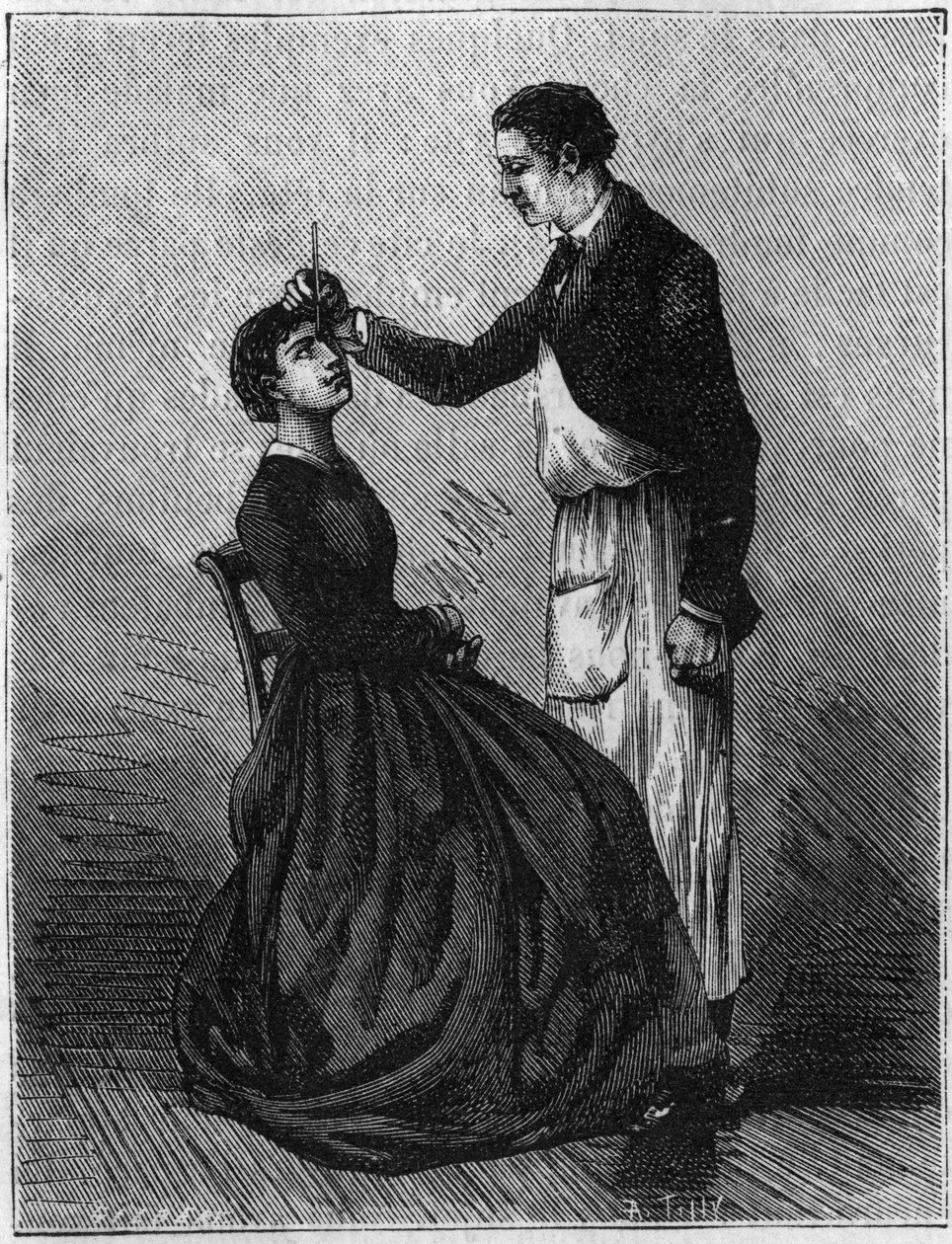Hypnose fænomener: Hypnose produceret ved at fiksere en blyantholder steder mellem øjnene. Stik fra 1881. af Unknown artist