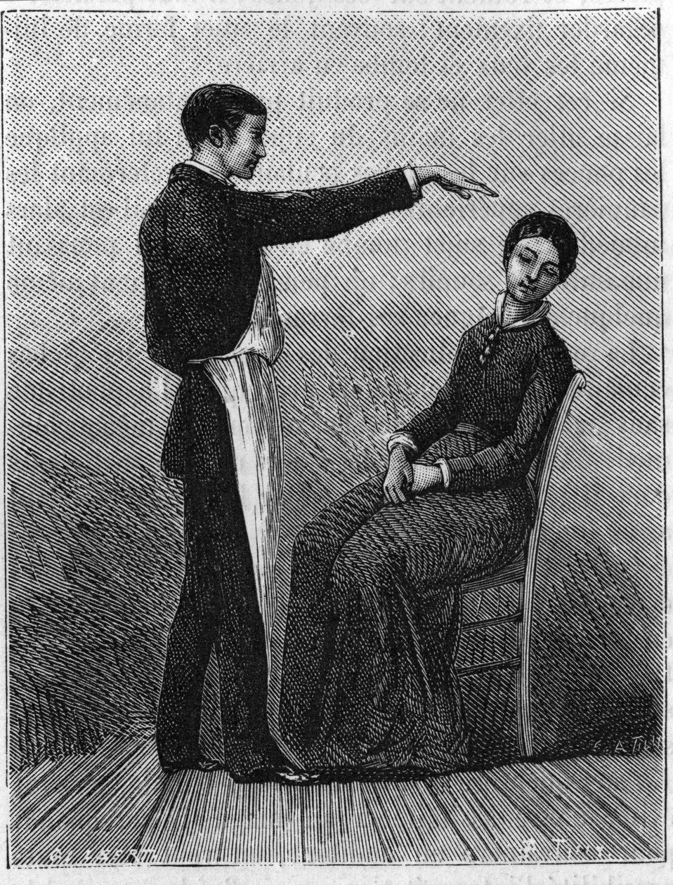 Hypnose fænomener: hypnose frembringes ved pludselig at række hånden frem foran patienten. Stik fra 1881. af Unknown artist