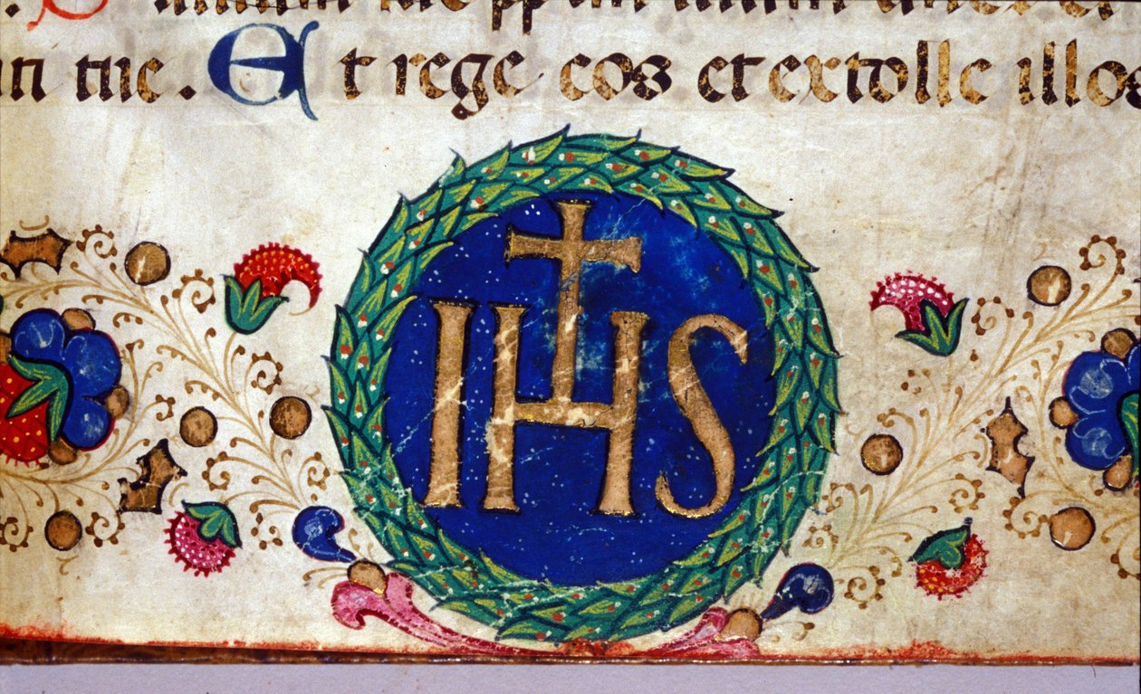 IHS kristent symbol, hvis betydning er Jesus. 15. århundredes manuskript. af Unknown artist