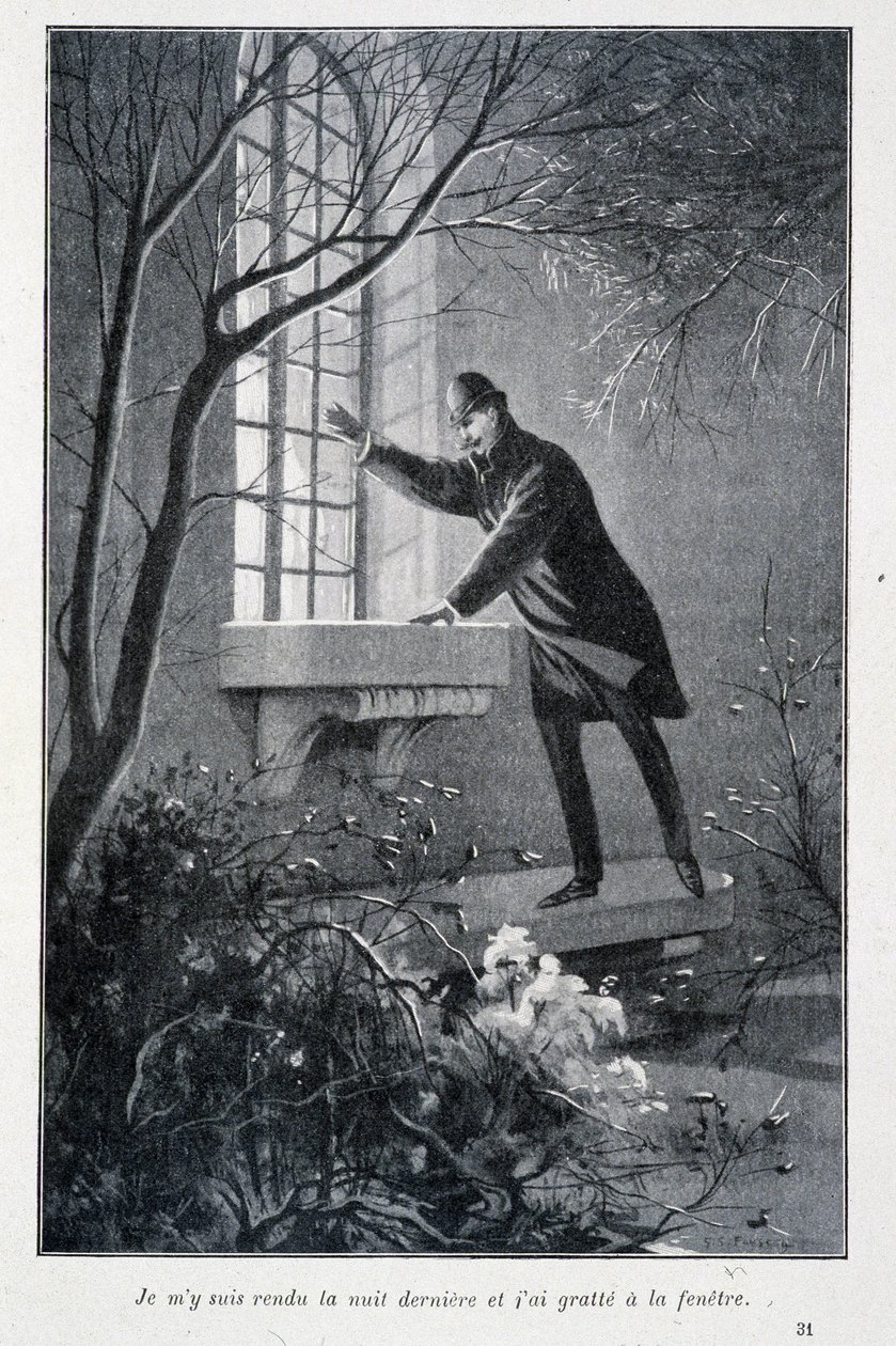 Jeg gik i går aftes og kradsede i vinduet, illustration i Conan Doyles "The Permiers Exploits of Sherlock Holmes". Sd. omkring 1890 af Unknown artist