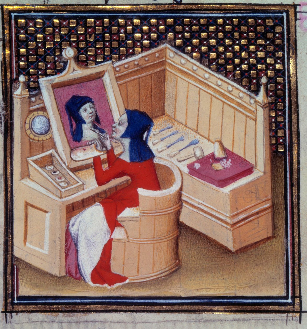Iaia (Marcia de Cyzique), en romersk maler, maler sit eget miniatureportræt fra ""De mulieribus claris"""" (Des clair et nobles femmes)""" af Giovanni Boccacio (Boccace) (1313-1373) af Unknown artist