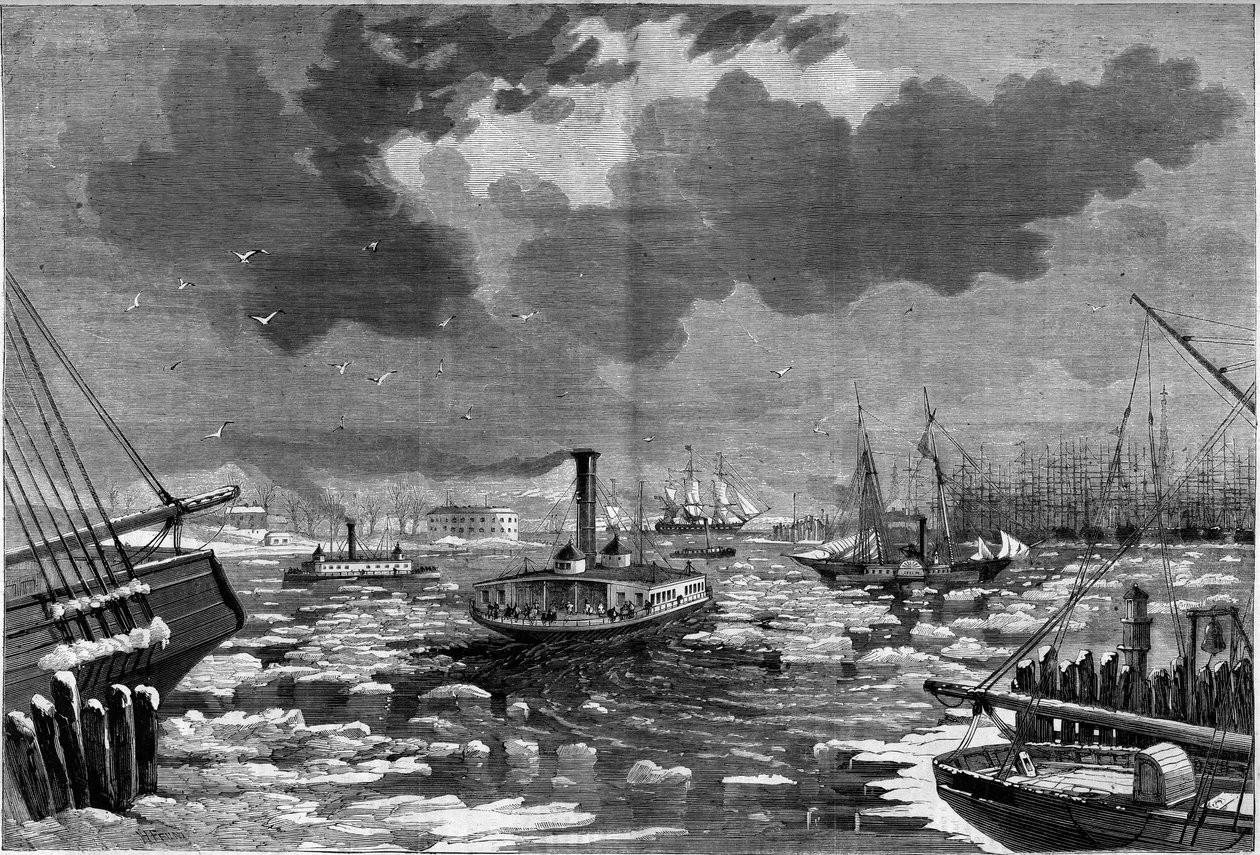 Isdebacle i New York (New York), USA (USA) set fra den østlige flod. Indgravering i ""Det illustere univers"" af Unknown artist