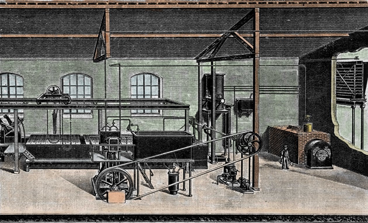 Isfremstilling: toldinstallation. 1800-tals gravering af Unknown artist