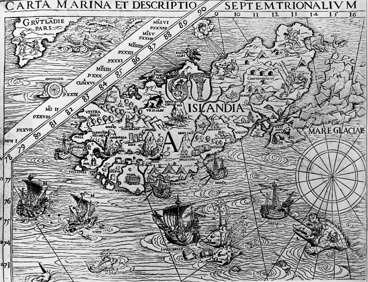Island, omkring 1539, detalje fra Carta marina af den svenske ærkebiskop, Olaus Magnus (1490-1557) af Unknown artist