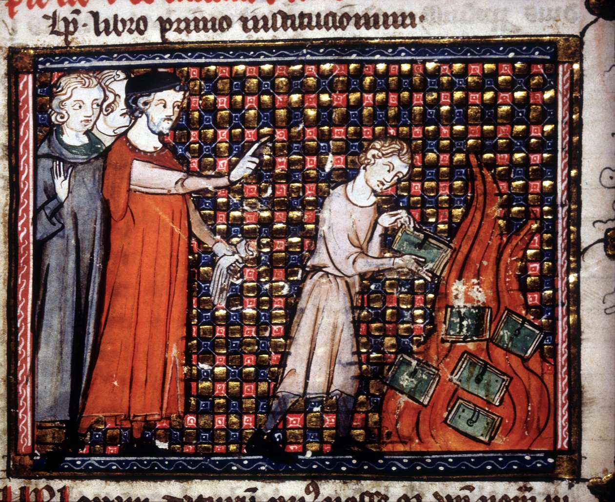 Ikonoklaster smider miniaturemanuskripter på ilden. 14. århundredes manuskript. af Unknown artist