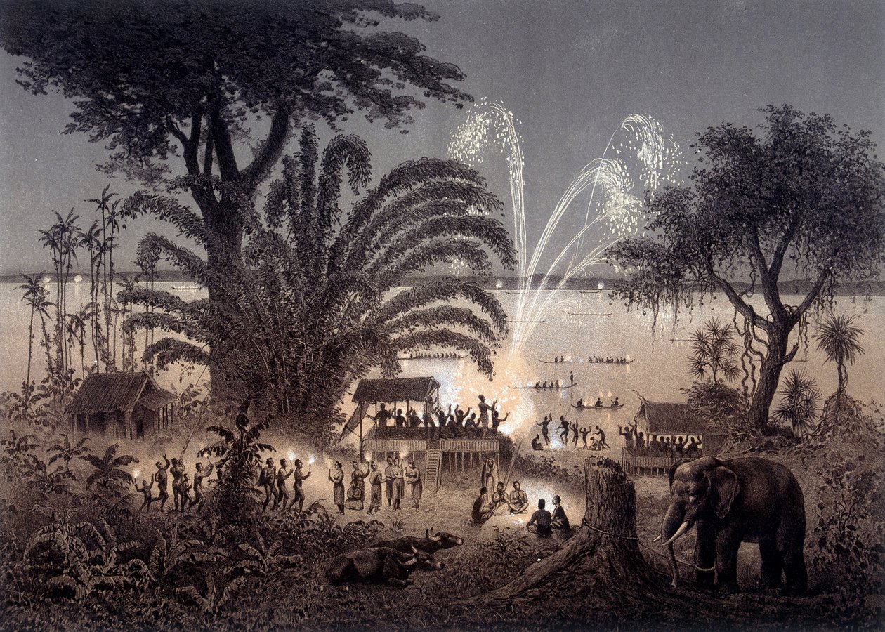 Belysning af floden under festivalen i Bassac, Siamese Laos. I "" Atlas over udforskningsrejsen i Indokina udført i årene 1866-1868"" udgivet under ledelse af F. Garnier 1873. af Unknown artist