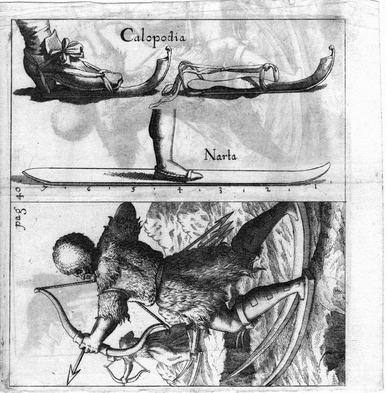 Illustreret tavle, der repræsenterer en gammel type ski. Stik fra slutningen af 1600-tallet. af Unknown artist