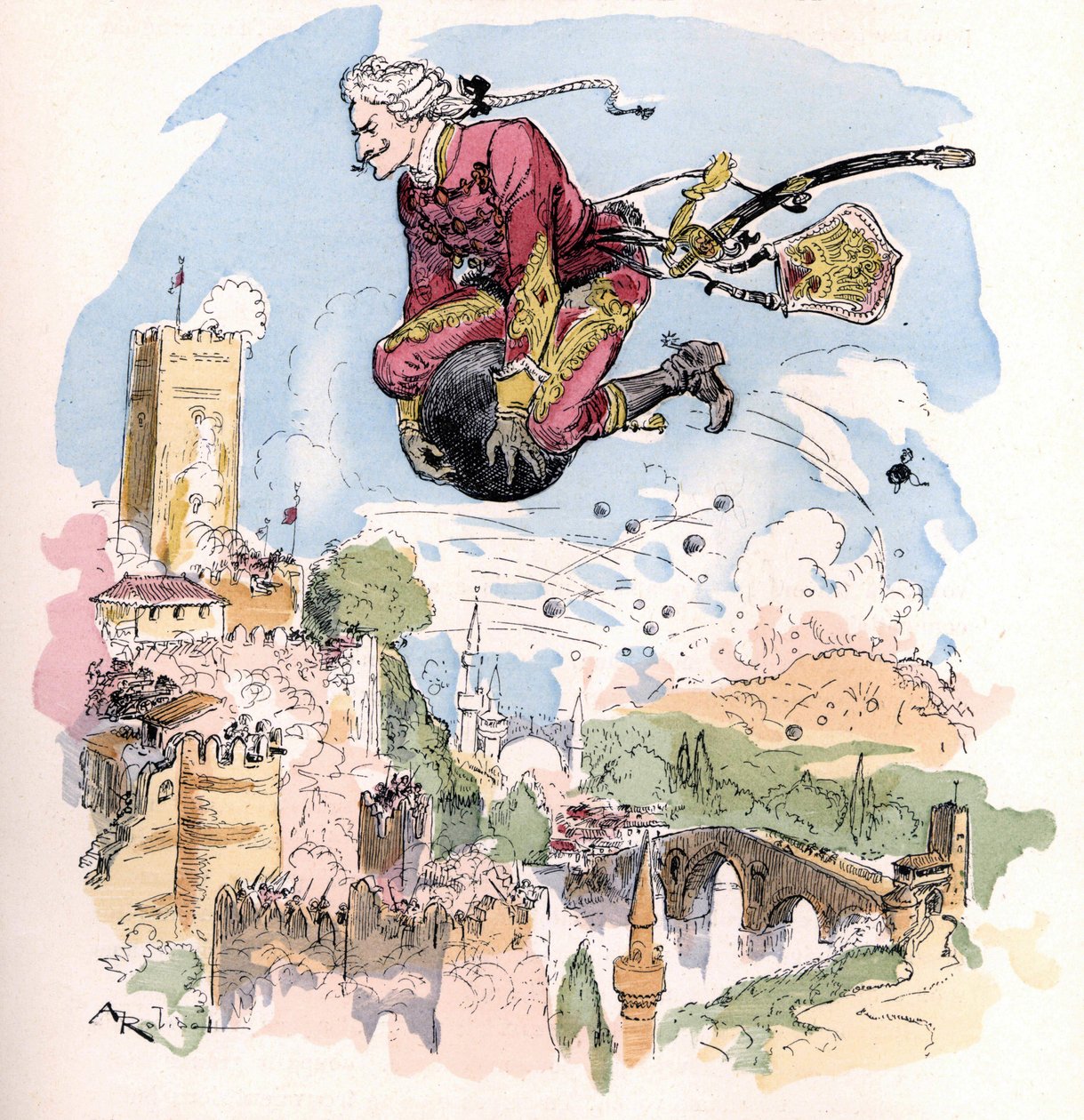 Illustration af Albert Robida i "Baron de Munchausens historie og eventyr (Munchhausen), H. Laurens Ed., slutningen af ​​det 19. århundrede." af Unknown artist