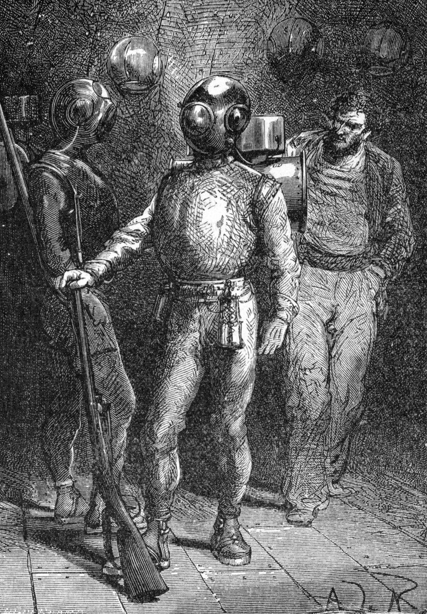 Illustration fra ""Twenty Thousand Leagues Under the Sea"" (Vingt-mille - 20 000 - 20000) af Jules Verne. En sømand fra Nautilus iført Rouquayrol - Denayrouze dykkerdragt. 1800-tals gravering. af Unknown artist